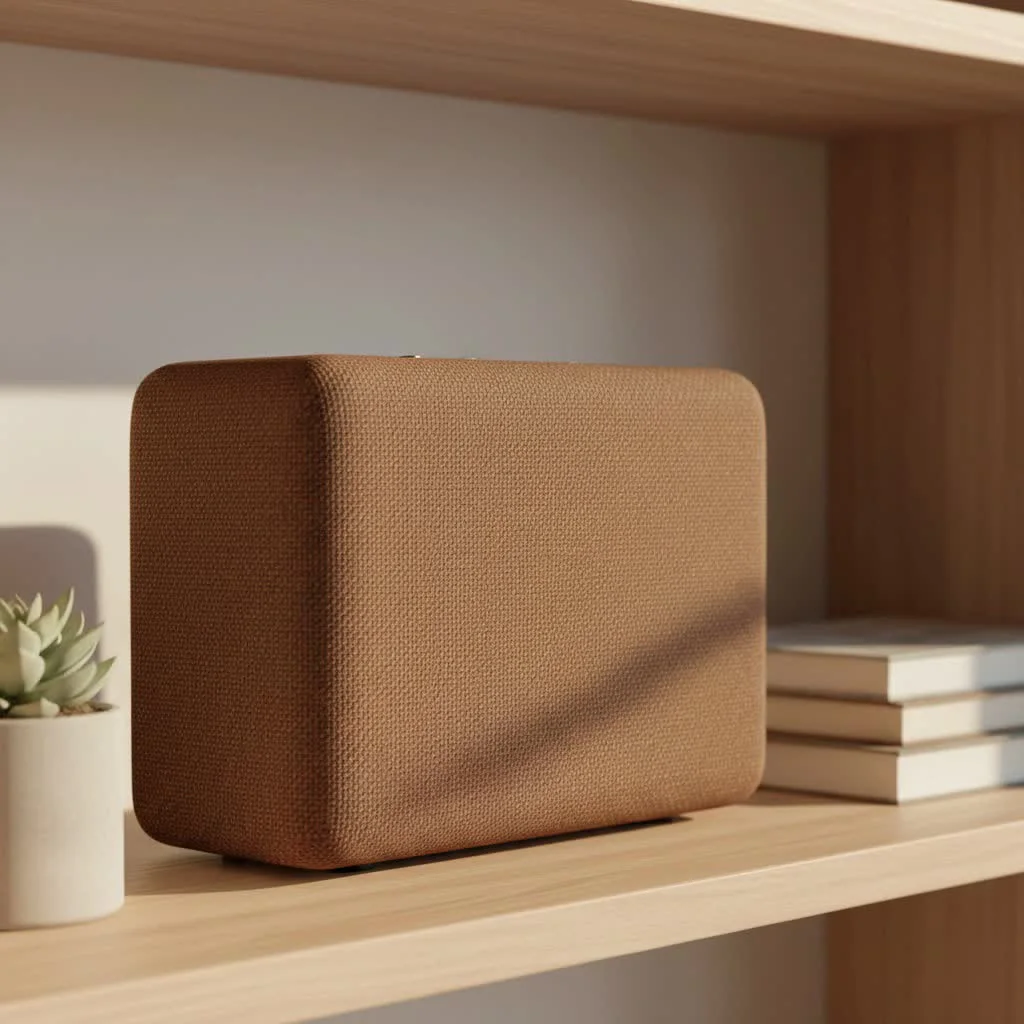 Portable Bluetooth speaker on a wooden surface