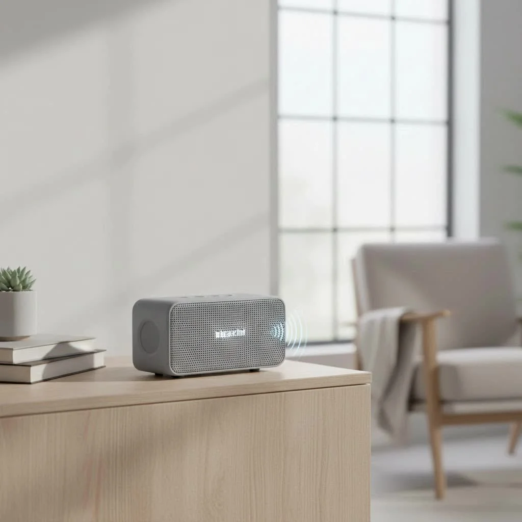 Compact mini Bluetooth speaker playing music outdoors