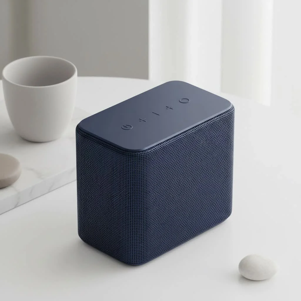 Portable outdoor Bluetooth speaker system on a wooden deck